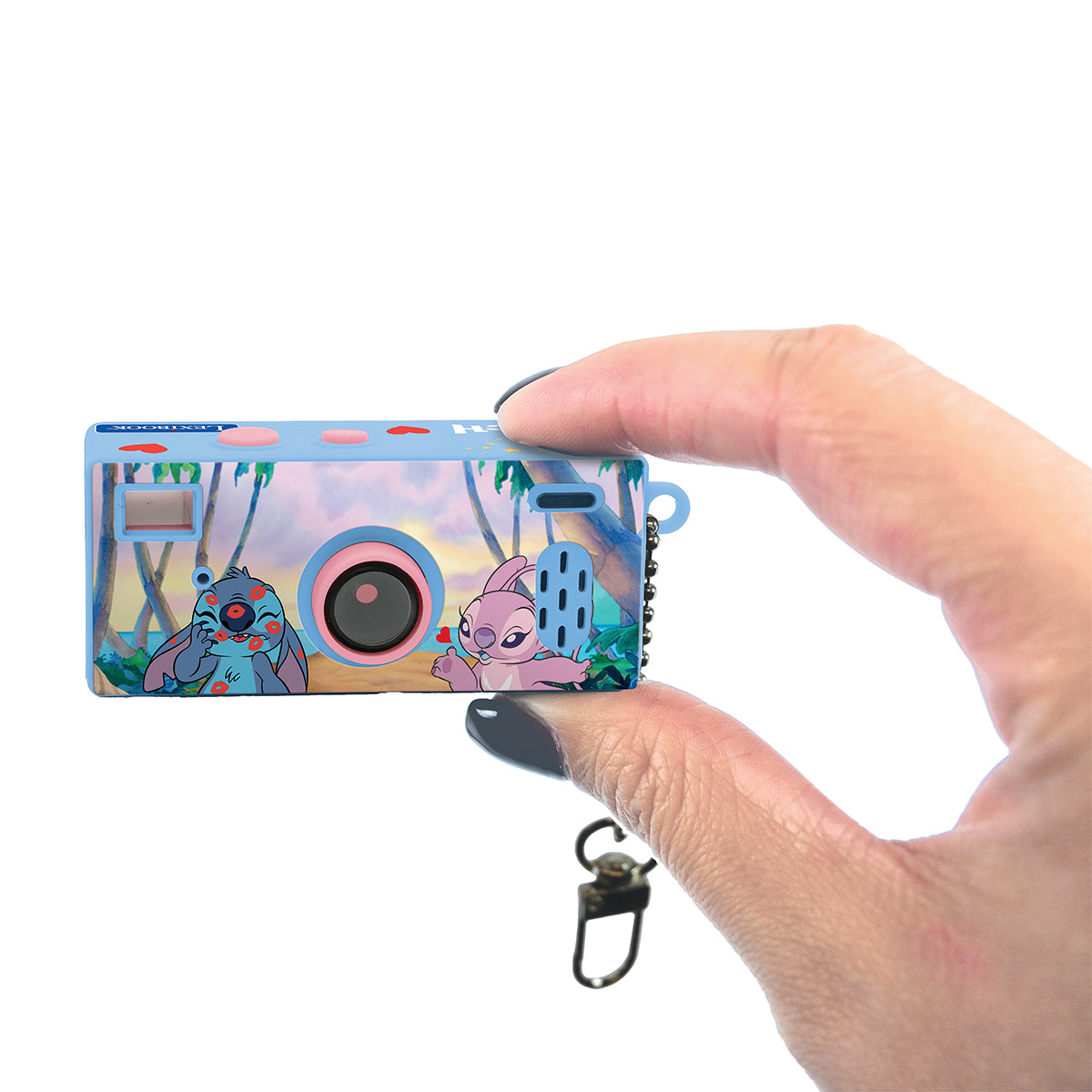 Disney Stitch mini keychain camera held between fingers to show its compact size