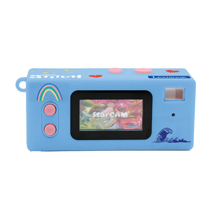 Rear view of the blue Disney Stitch mini camera with colour screen and controls