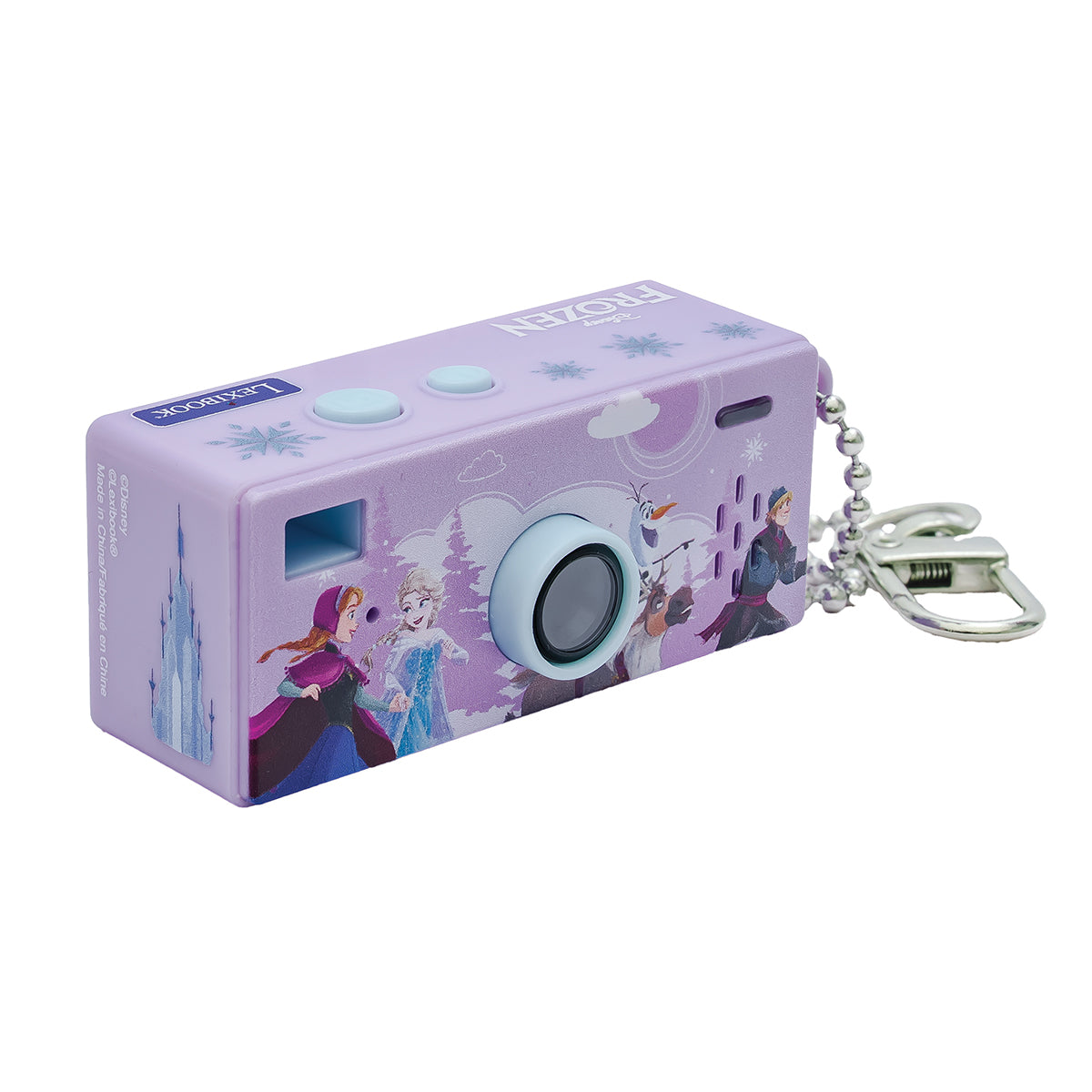 Angled front view of the Frozen miniature digital camera and keychain clip