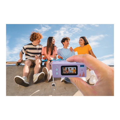 Rear screen of the Frozen miniature camera framing friends outdoors