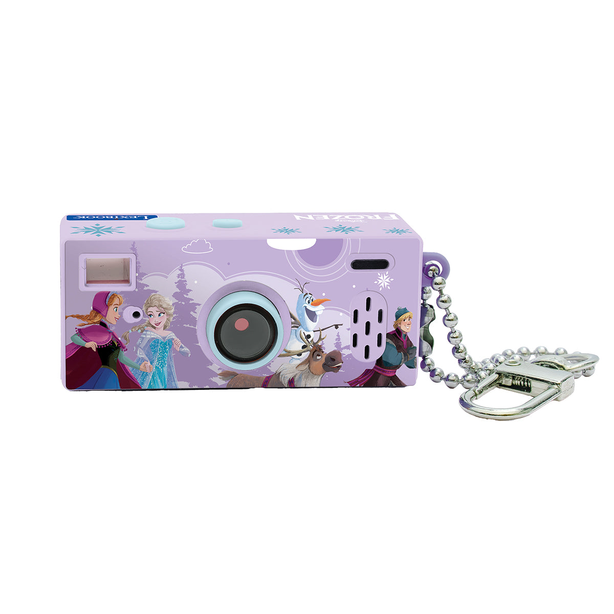 Front view of the Frozen miniature digital camera with silver keychain clip