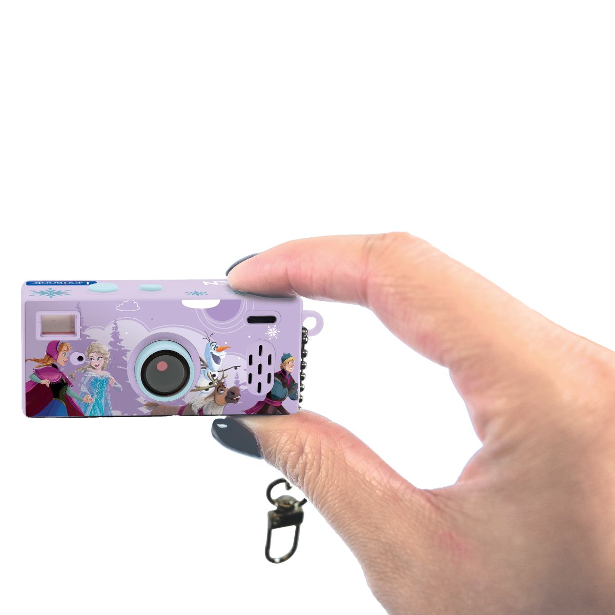 Hand holding the miniature Frozen digital camera to show its compact size