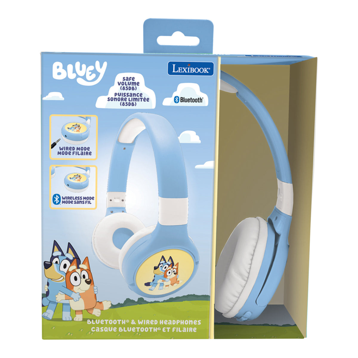 Front view of Bluey Bluetooth and wired headphones in retail box