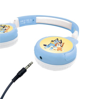 Bluey headphones close-up with wired audio connection