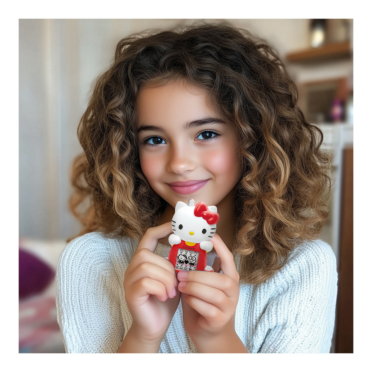Girl holding the Hello Kitty virtual pet game indoors