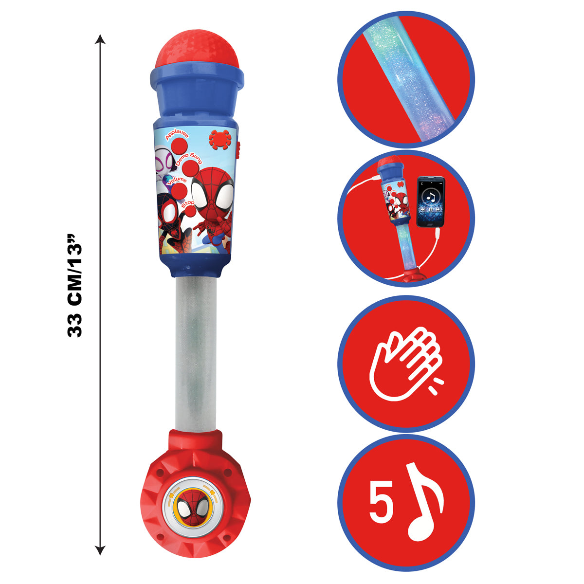 Spider-Man light-up microphone with size and feature icons