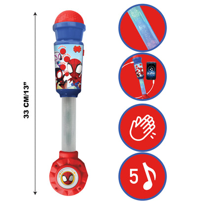 Spider-Man light-up microphone with size and feature icons