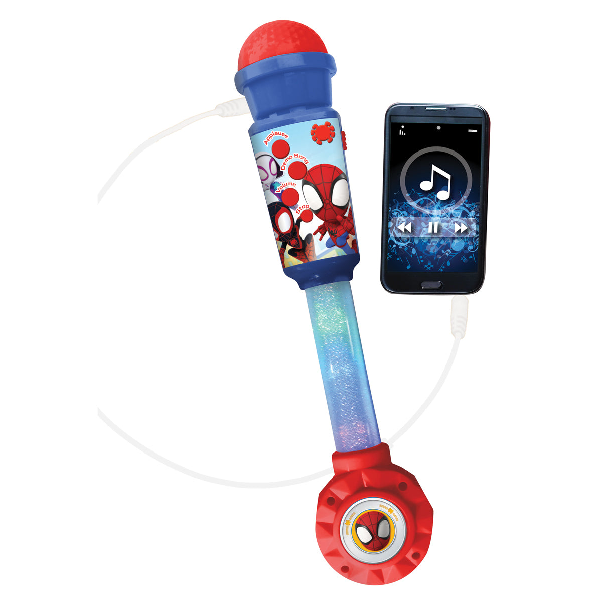 Spider-Man light-up microphone connected to a smartphone