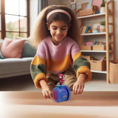 Girl playing with the Spider-Man My Sliding Buddy robot