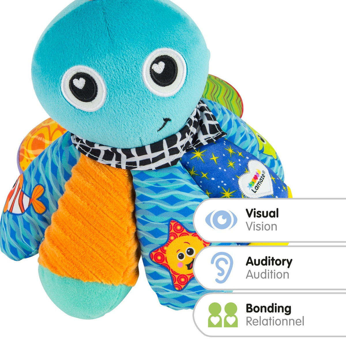 Salty Sam octopus sensory toy with visual, auditory and bonding feature icons