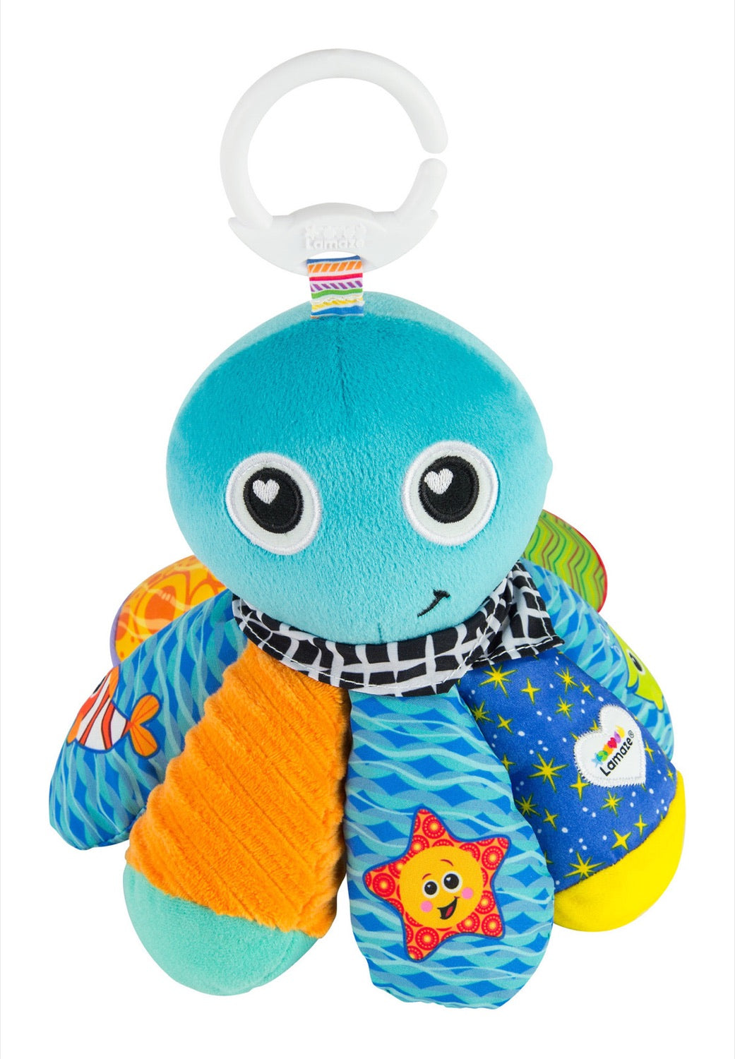 Front view of Lamaze Salty Sam octopus clip-on sensory toy