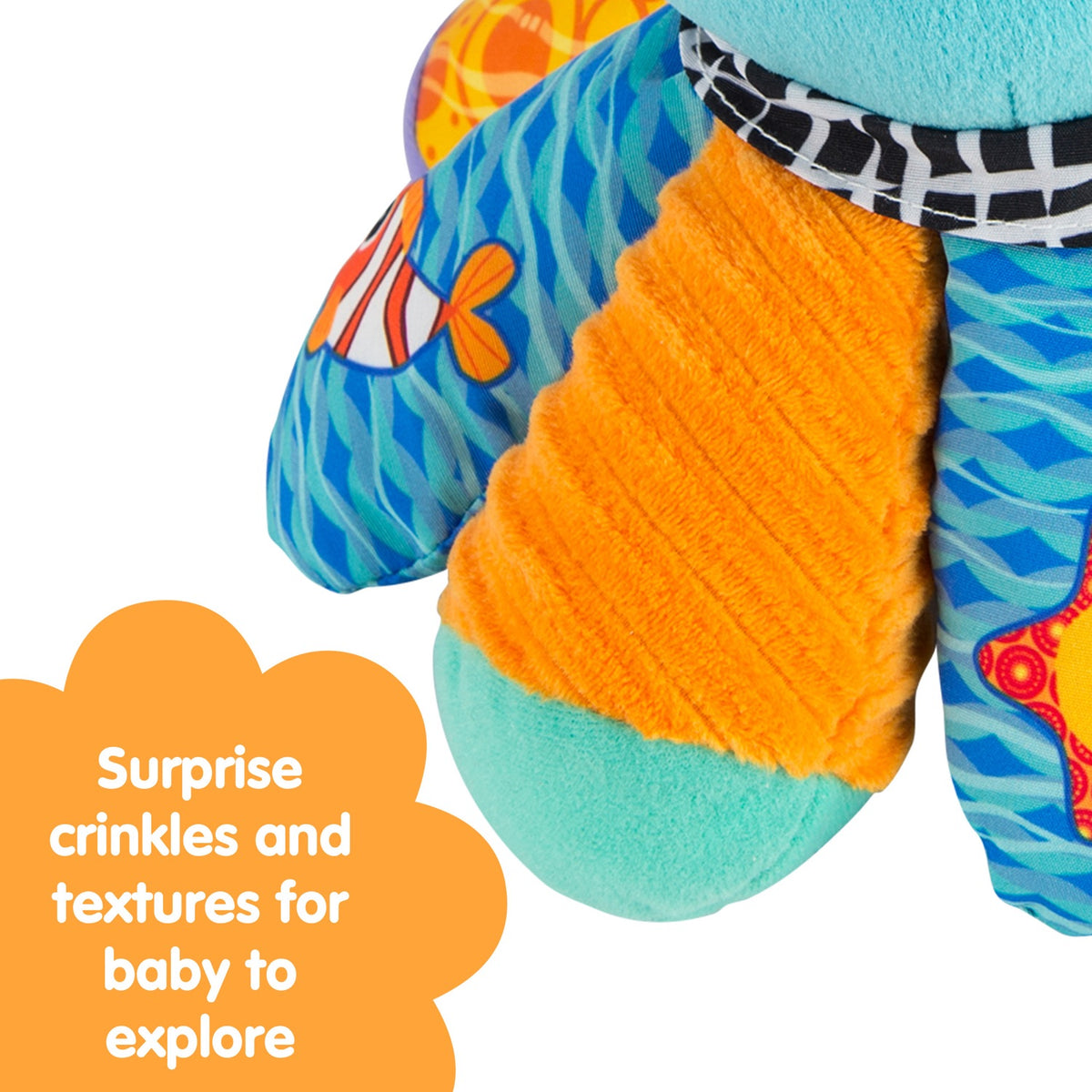 Close-up of Salty Sam's crinkly orange and blue textured tentacles