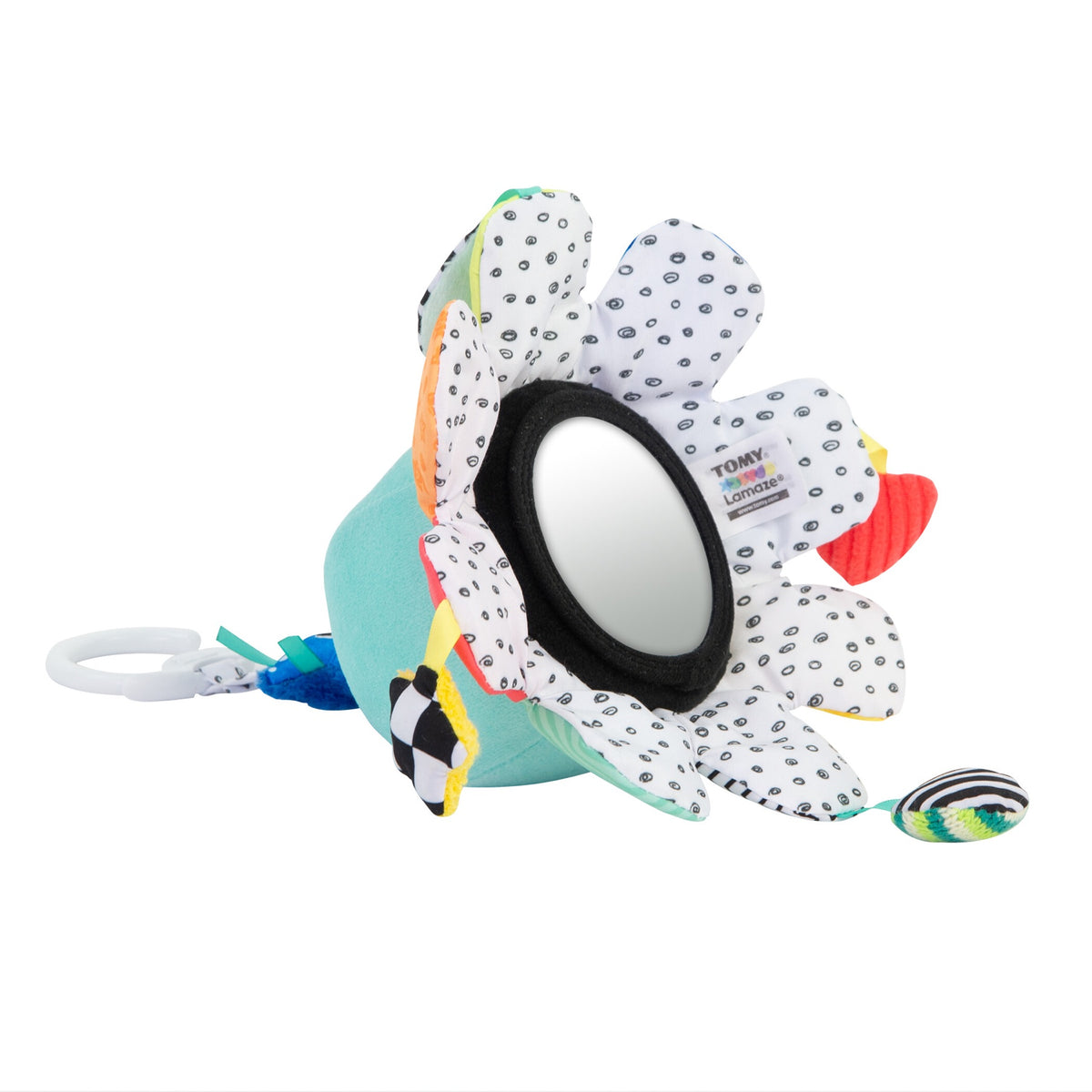 Rear view of Salty Sam stroller toy with baby-safe mirror