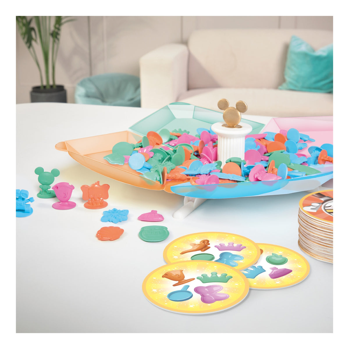 All 4 Won! Disney Edition game set up with pieces, cards and play discs