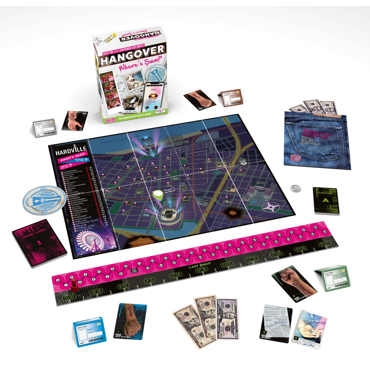 Hangover board game set up with map, timeline, cards and accessories