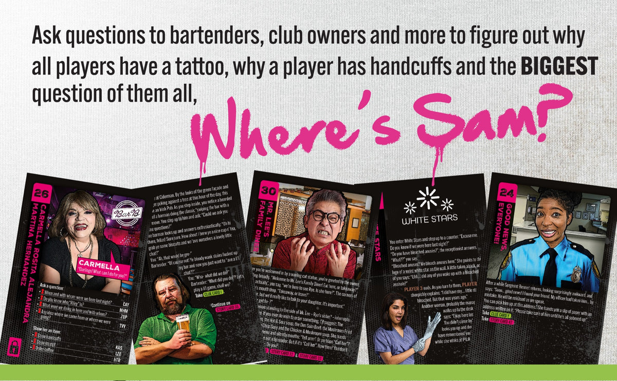 Hangover game character cards explaining the mystery of Where’s Sam?