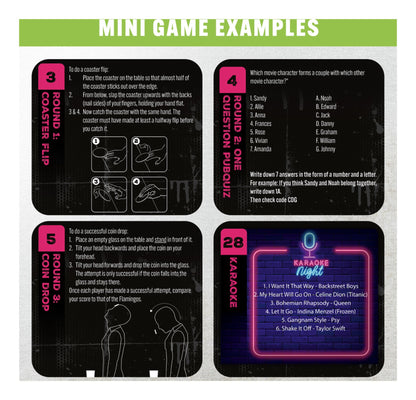 Hangover board game mini-game examples with challenge and quiz cards