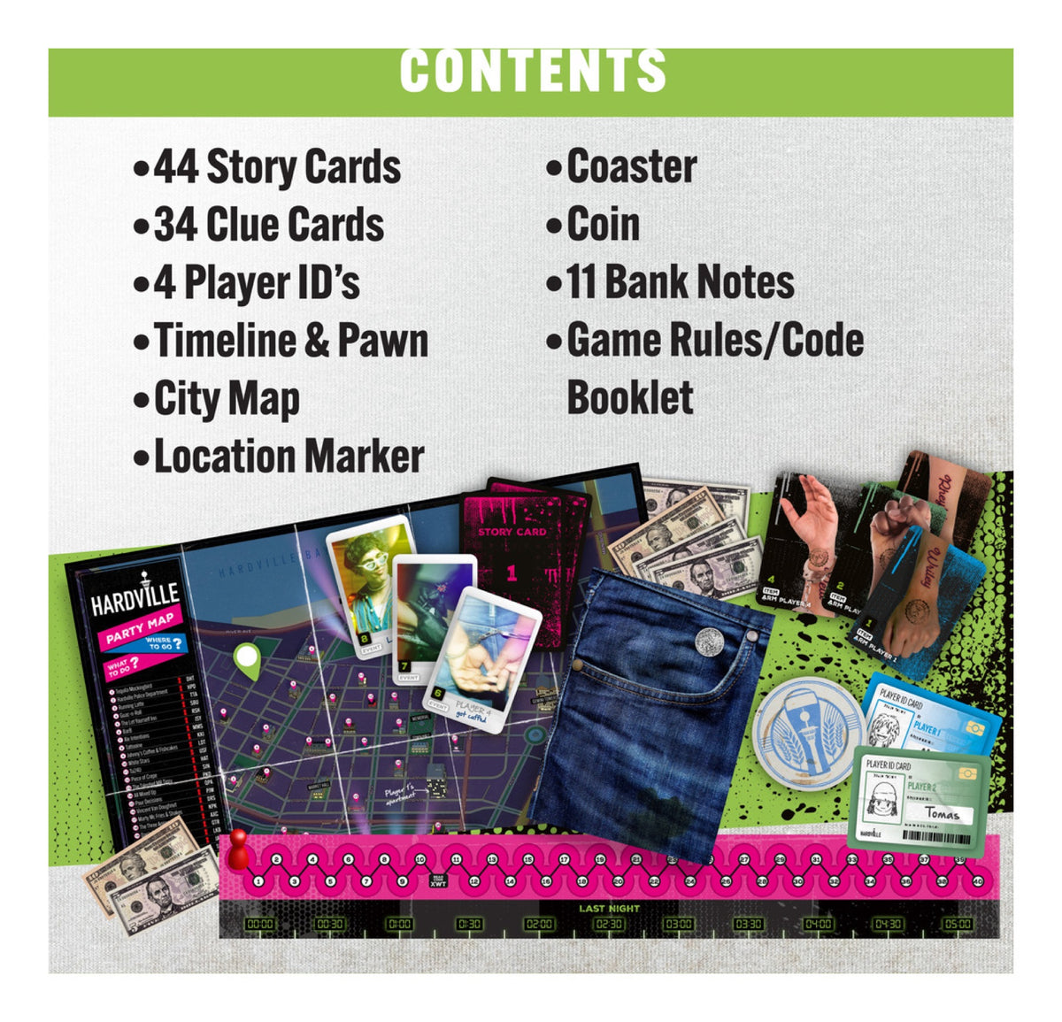 Hangover board game contents including map, cards, timeline and accessories