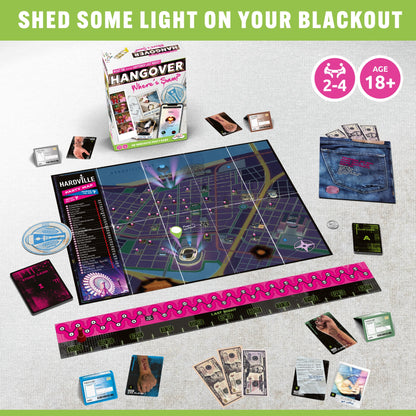 Hangover board game layout for two to four adult players