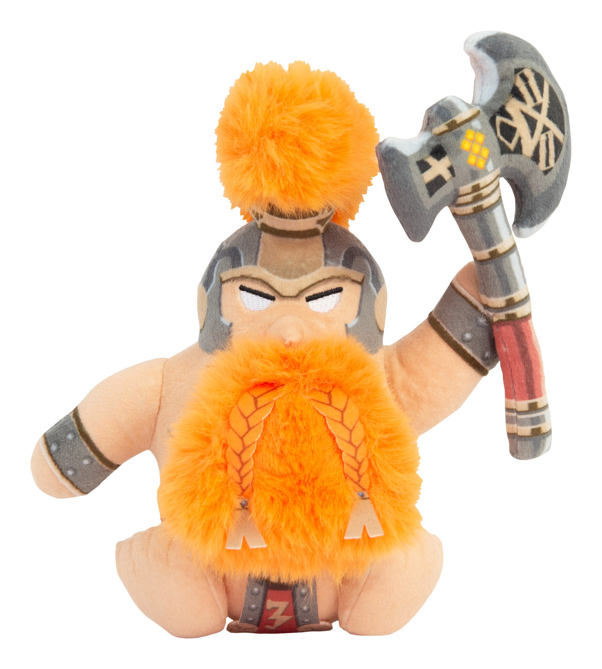 Front view of the Warhammer Fyreslayer plush with orange beard and raised axe