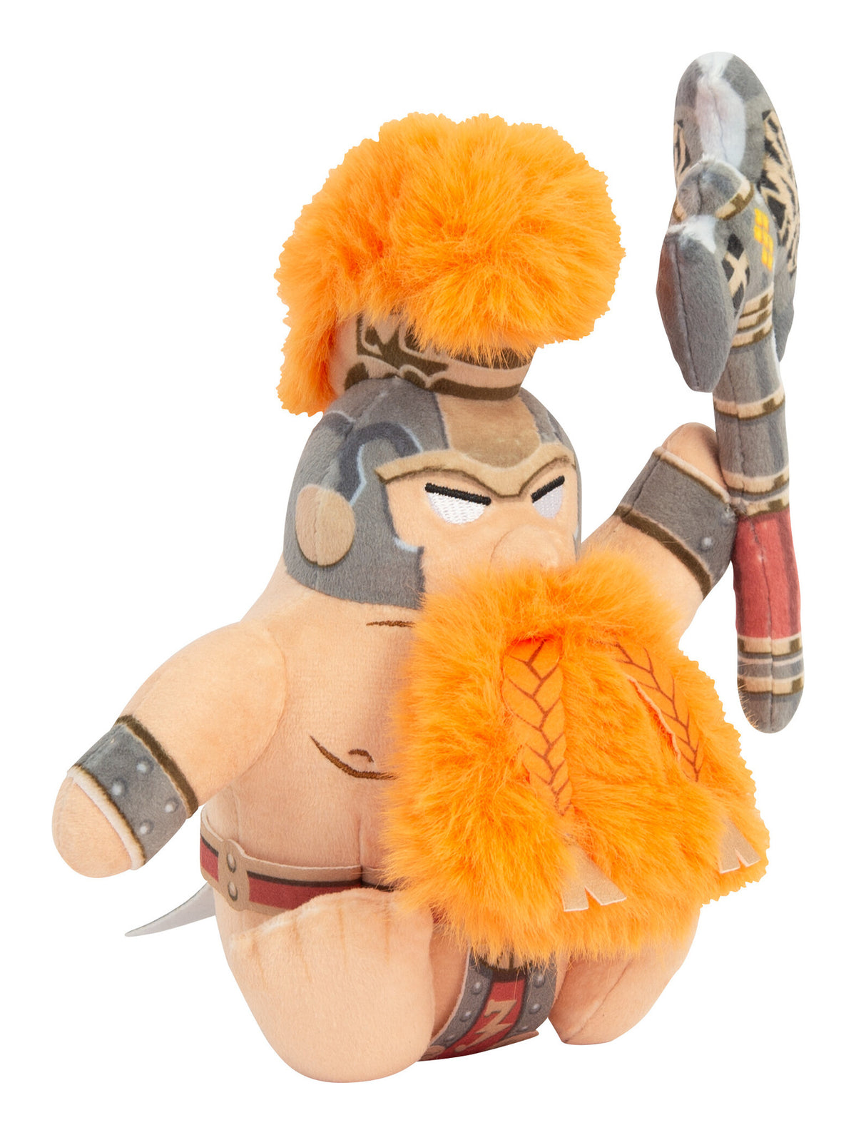 Three-quarter side view of the Warhammer Fyreslayer plush holding an axe