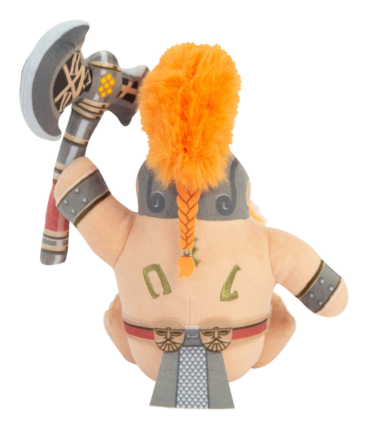 Rear view of the Warhammer Fyreslayer plush with orange crest, armour and raised axe