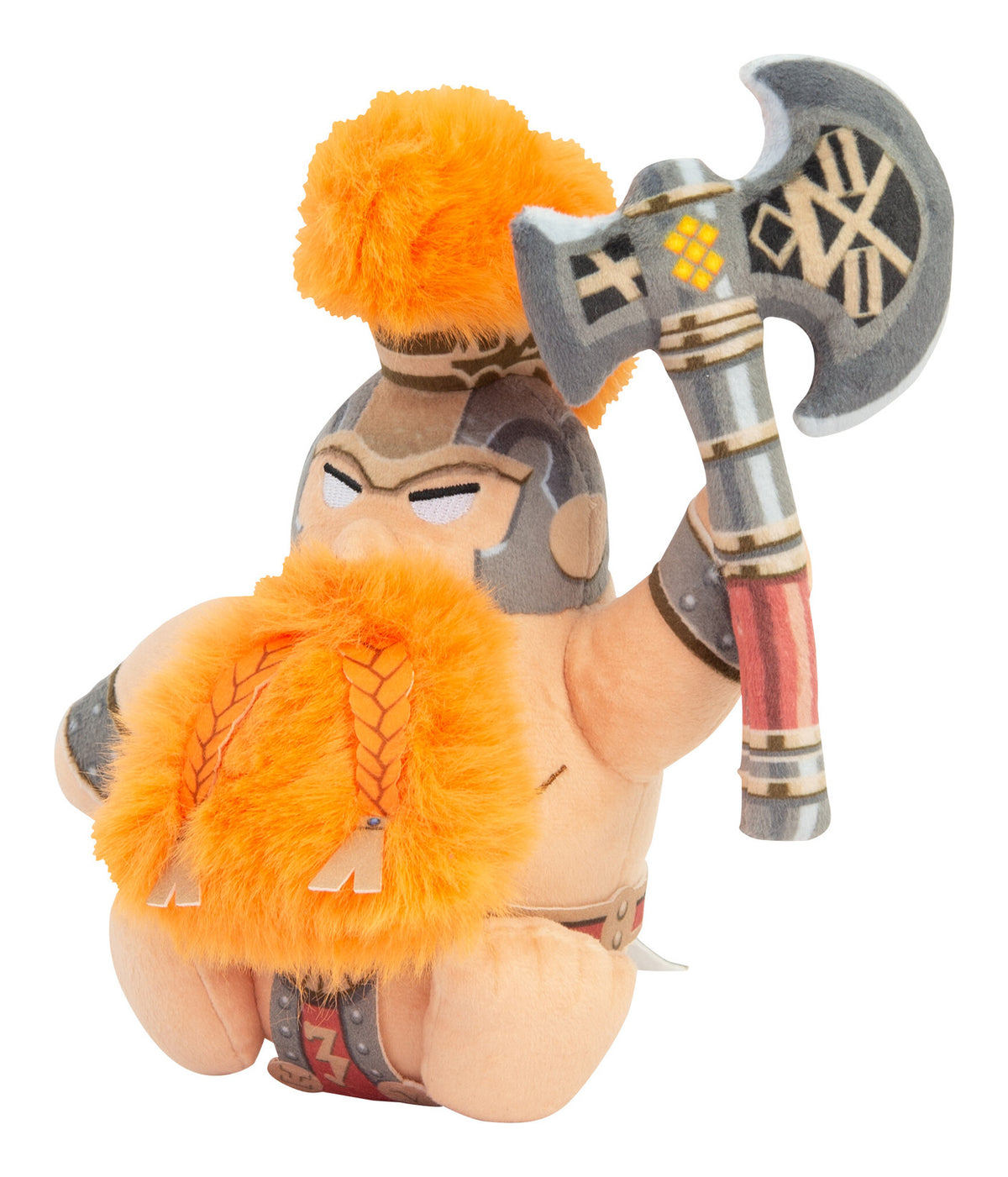 Angled front view of the Warhammer Fyreslayer plush with orange beard and raised axe