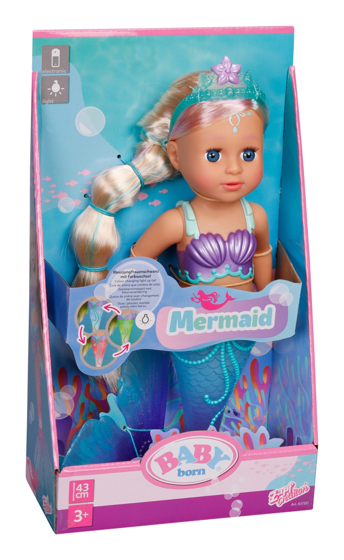 BABY born Mermaid 43cm Doll with Colour-Changing Light-Up Tail