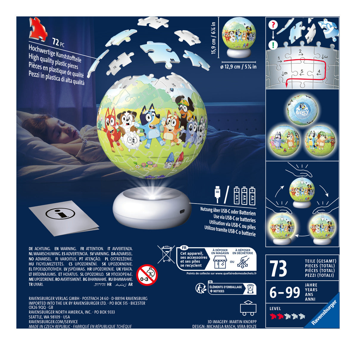 Ravensburger Bluey 3D Puzzle Ball Night Light – 72 Pieces