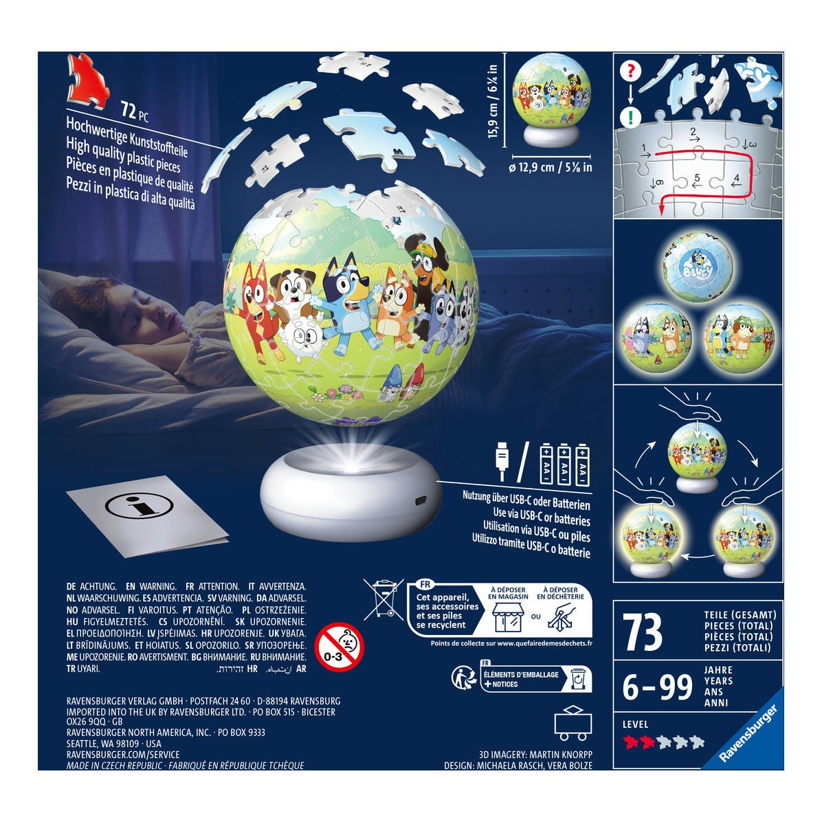 Ravensburger Bluey 3D Puzzle Ball Night Light – 72 Pieces