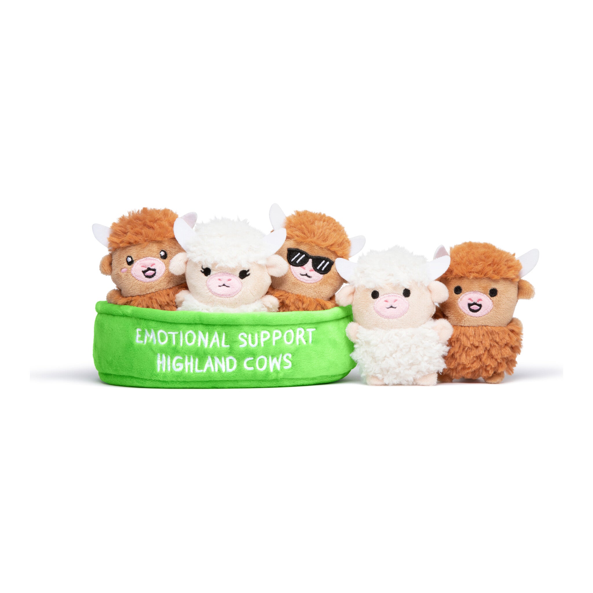 Relatable Emotional Support Highland Cows Plush Set – 5 Plushies with Basket