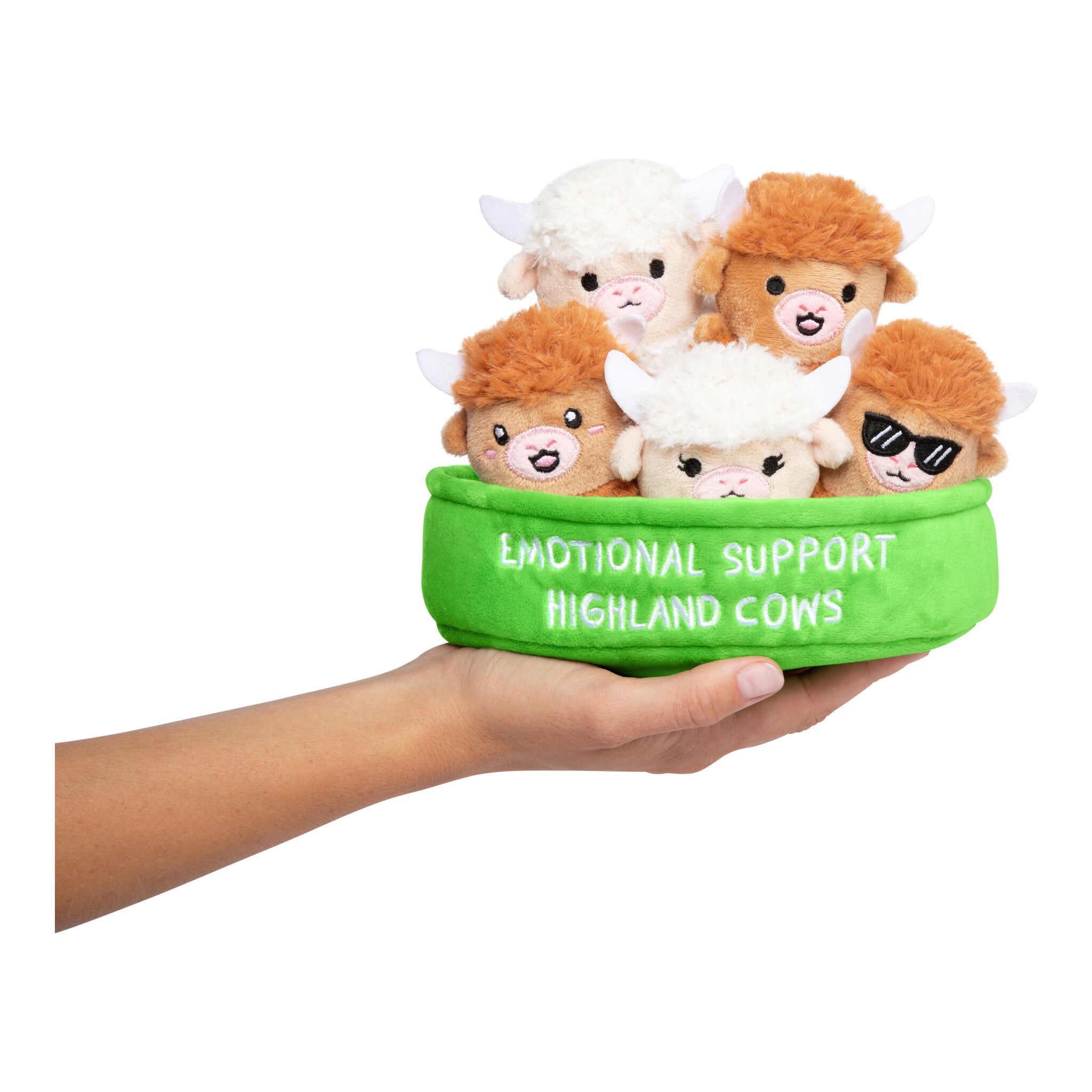 Relatable Emotional Support Highland Cows Plush Set – 5 Plushies with Basket