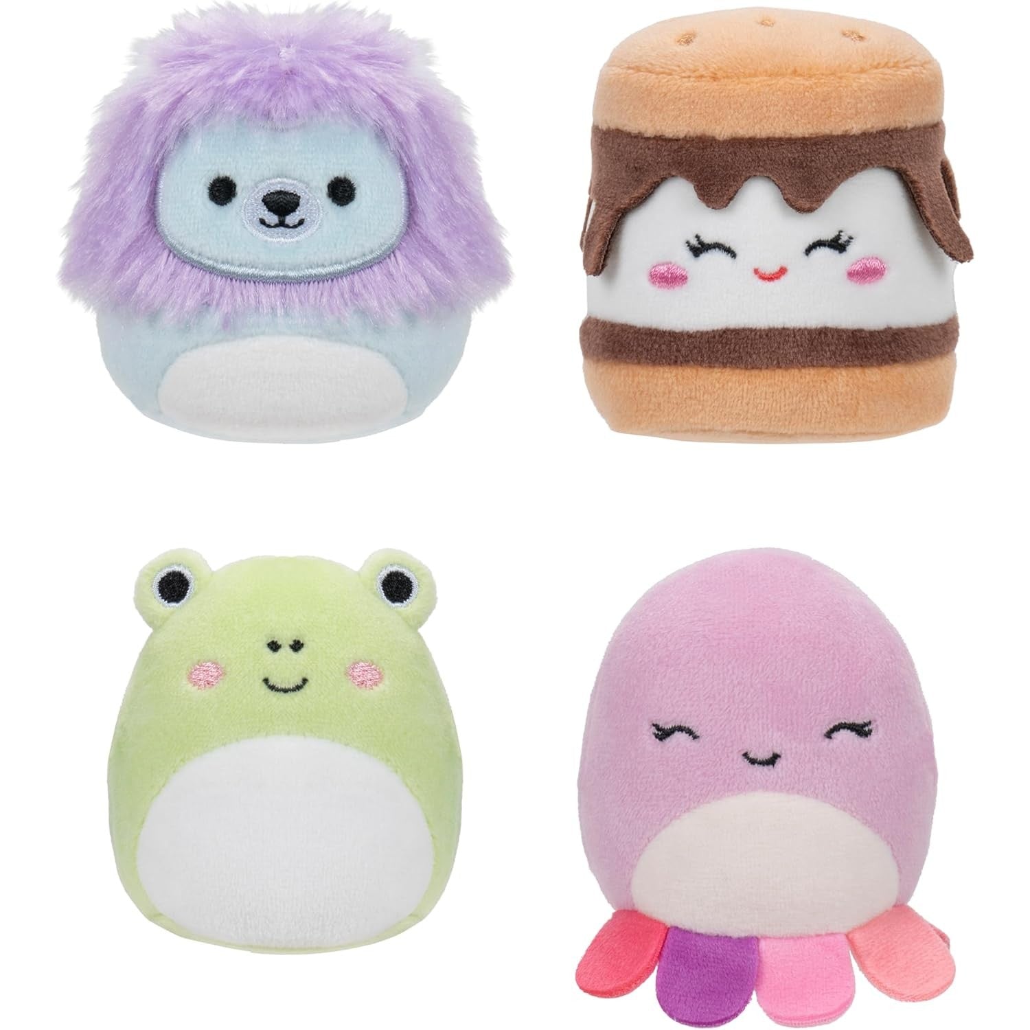 Micromallows by Squishmallow  2.5 Inch Plush - Carmelita S'mores, Jeanne Octopus, Luciano Lion, Wendy Frog