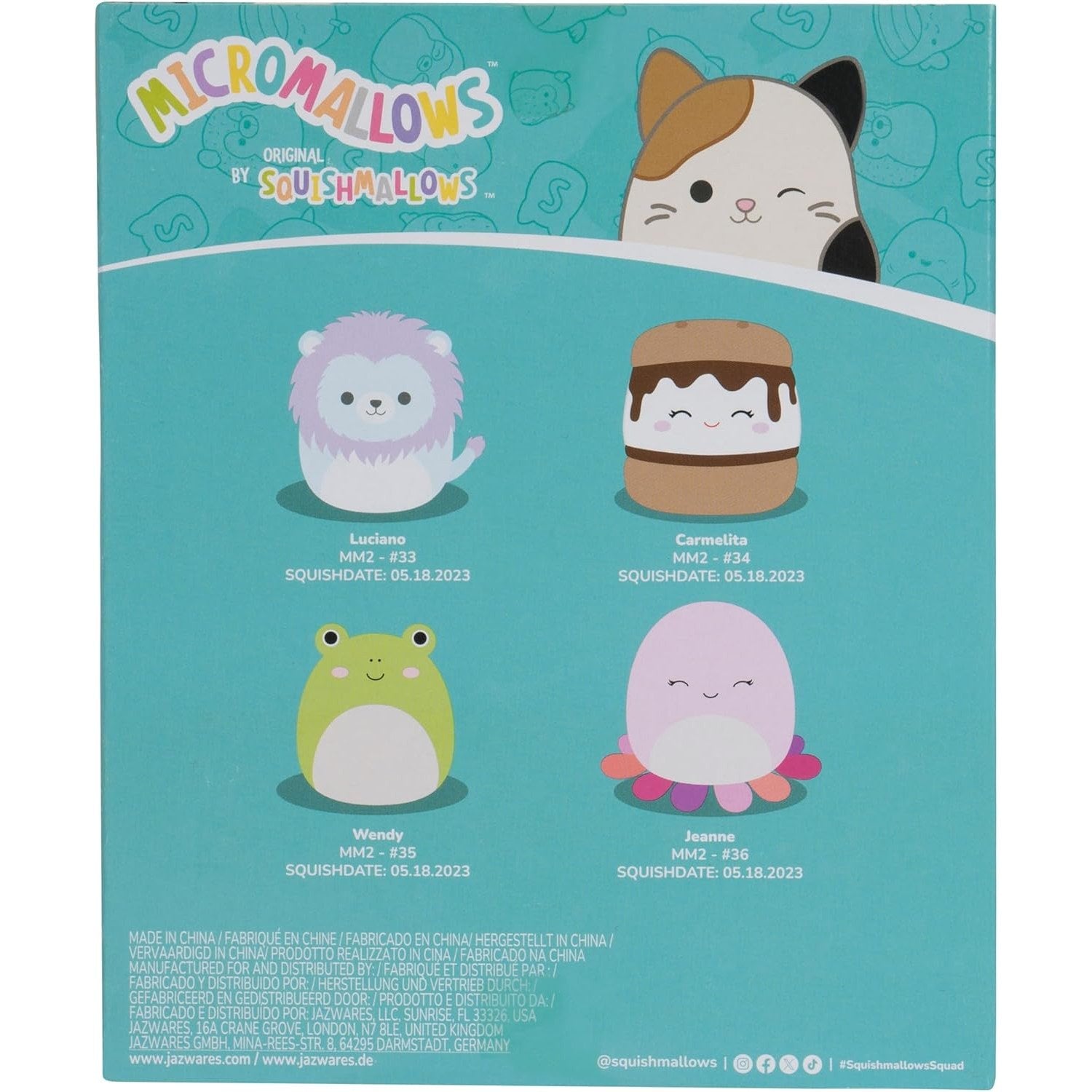 Micromallows by Squishmallow  2.5 Inch Plush - Carmelita S'mores, Jeanne Octopus, Luciano Lion, Wendy Frog