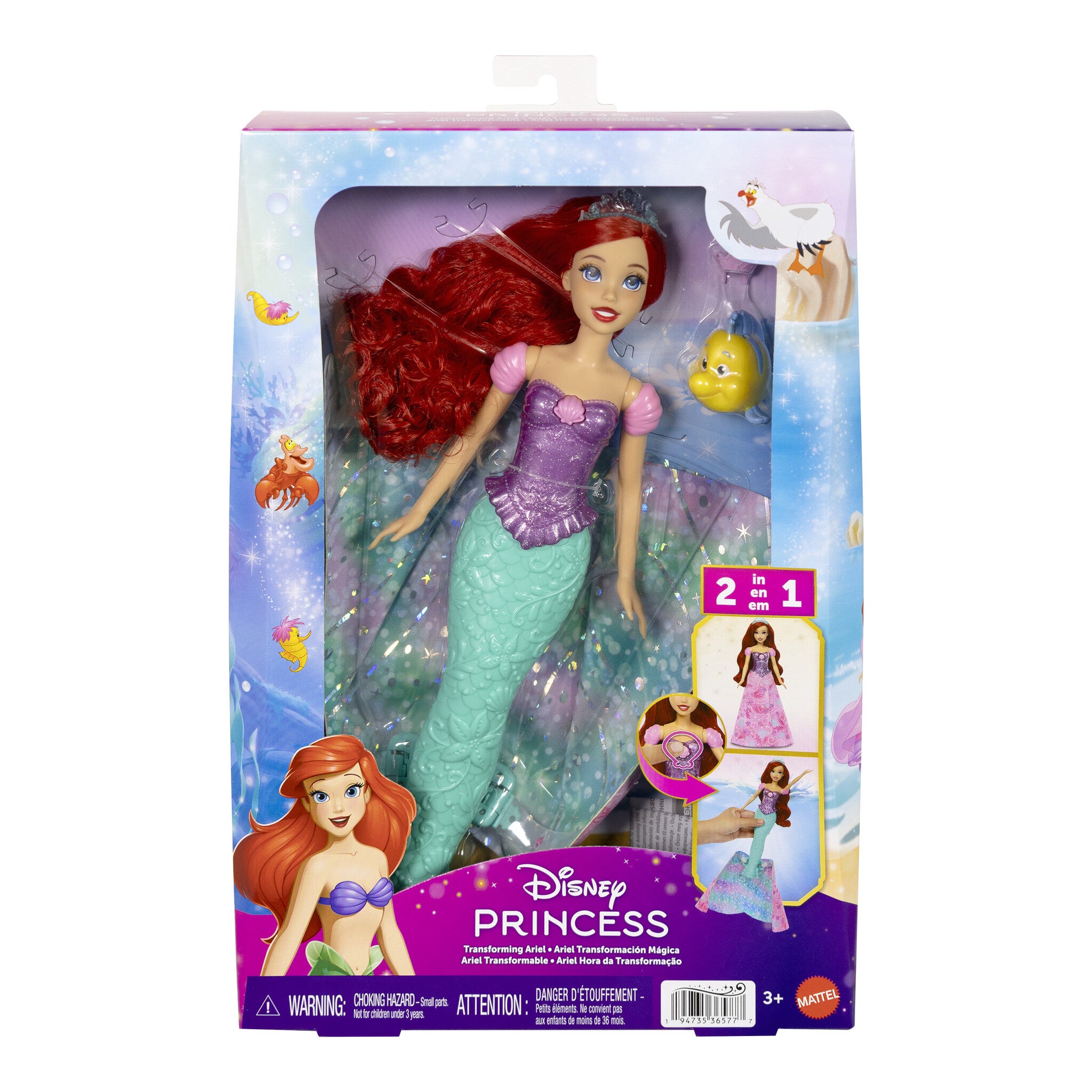 Disney Princess Ariel Human-to-Mermaid Transforming Fashion Doll with Flounder