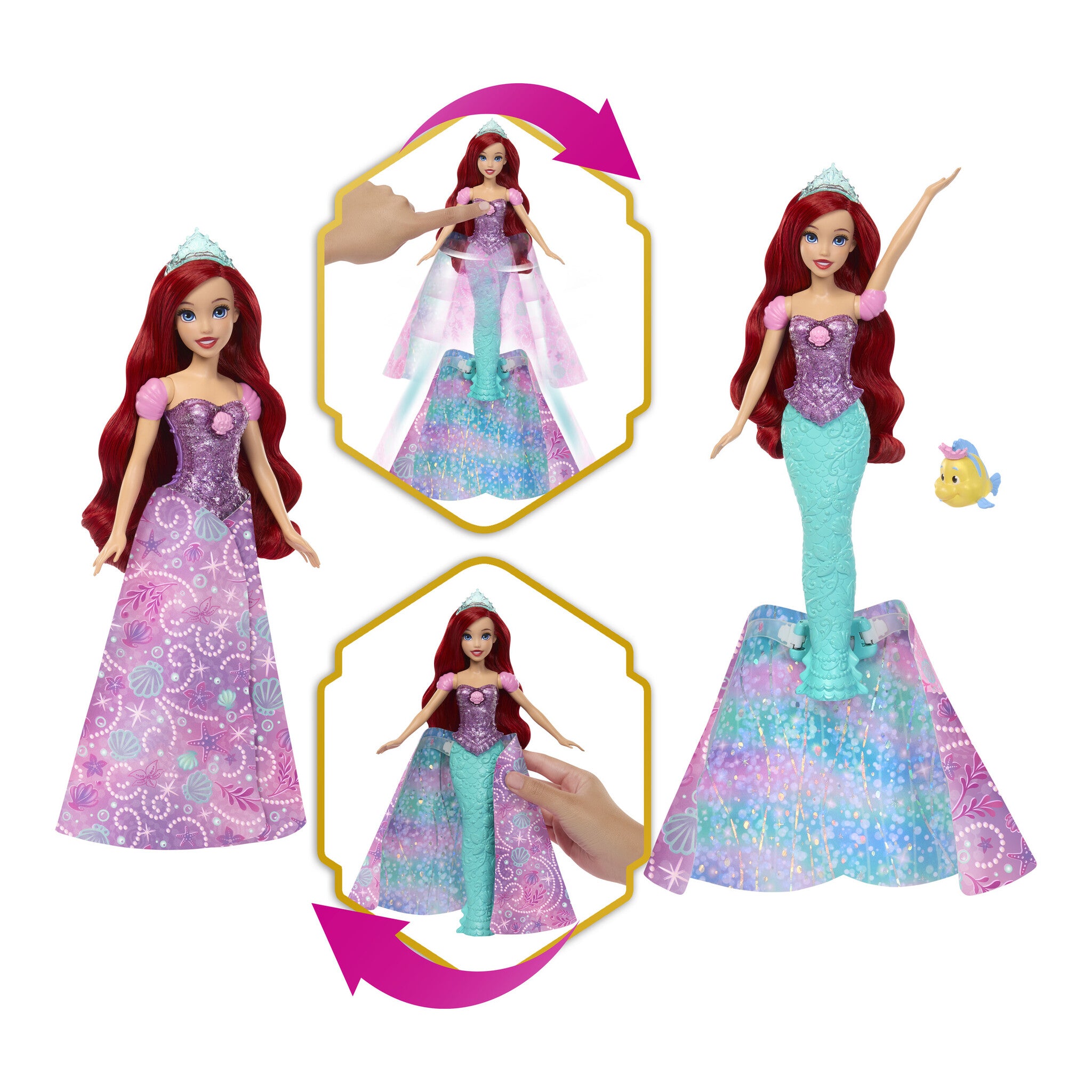 Disney Princess Ariel Human-to-Mermaid Transforming Fashion Doll with Flounder