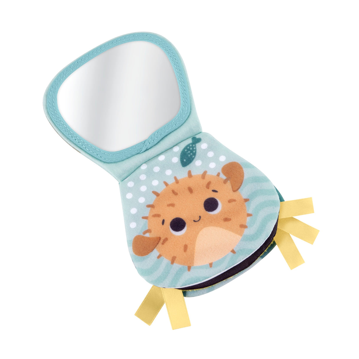 Otter sensory toy's fold-out baby mirror and crinkle panel