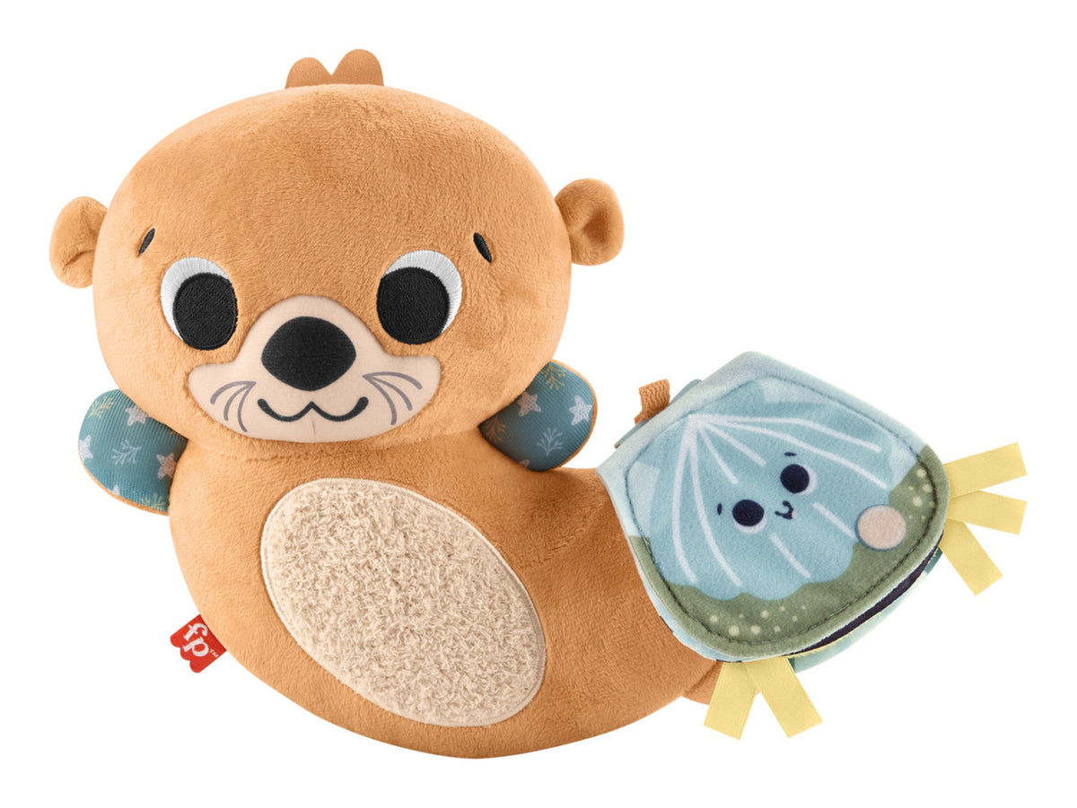 Rocking otter plush toy with detachable sensory panel on white