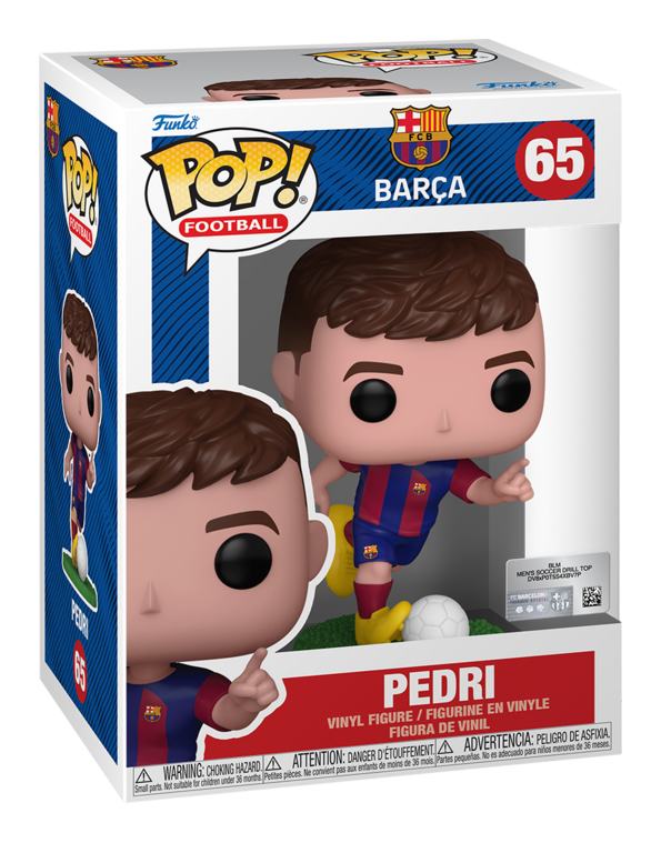 Boxed Pedri Pop! Vinyl figure in Barcelona kit, front view