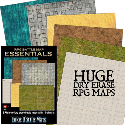 Essential RPG Battle Maps Starter Set – 6 Plain Wet/Dry-Erase Battle Maps with 1-Inch Grid