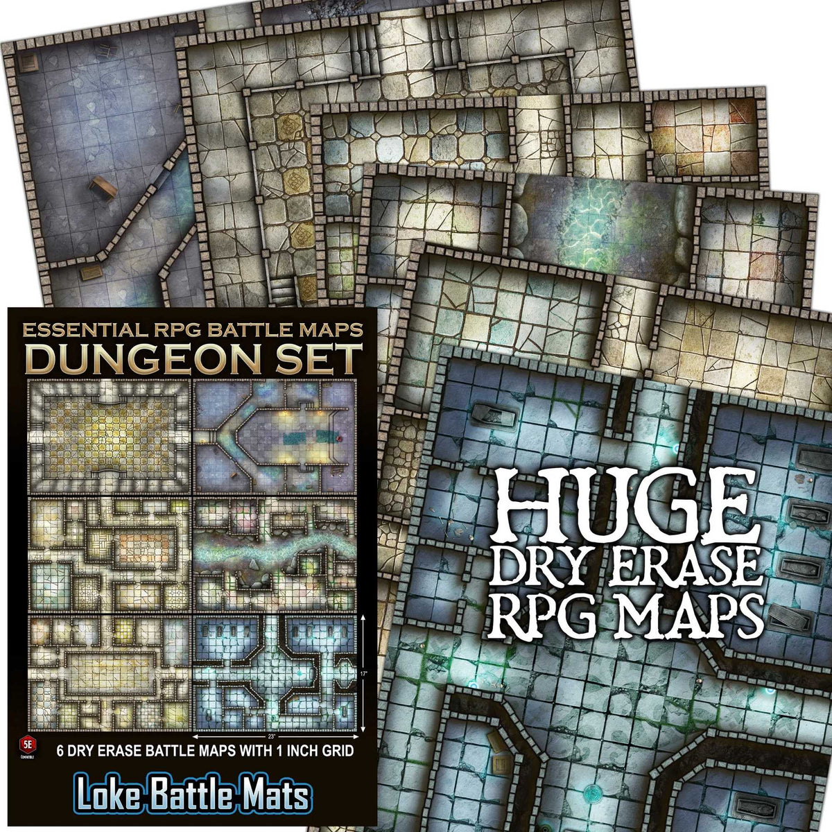 Essential RPG Battle Maps: Dungeon Set – 6 Wet/Dry Erase Maps with 1-Inch Grid