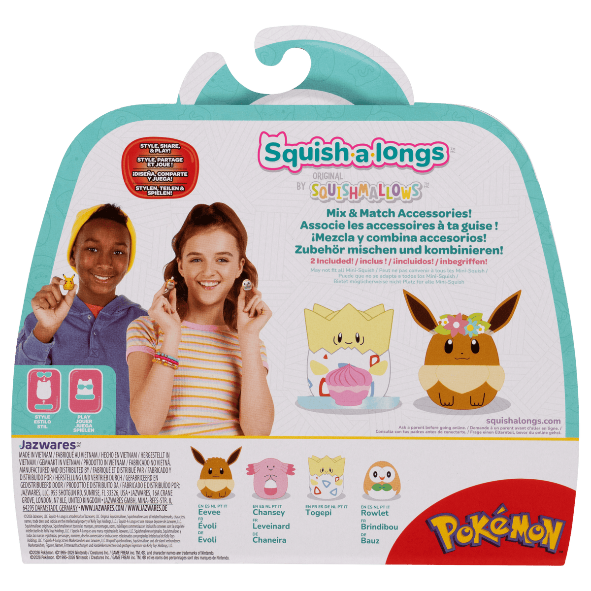 Pokémon Squish-a-longs 4-Pack – Eevee, Chansey, Togepi & Rowlet