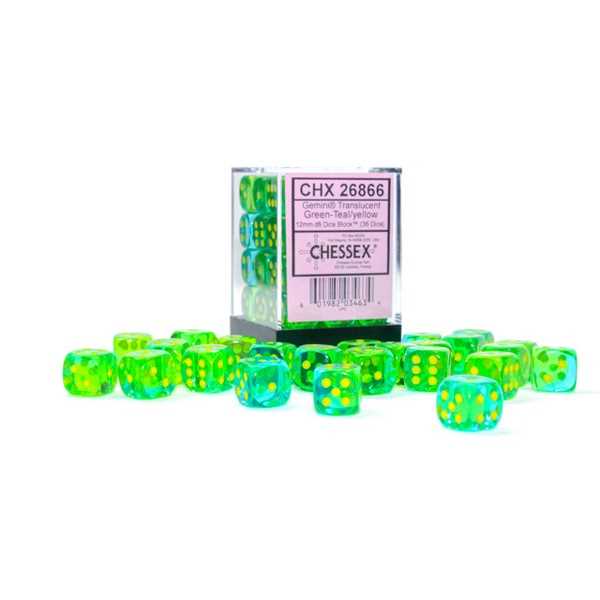 Gemini 12mm d6 Translucent Green-Teal/yellow Dice Block (36 dice) 601982034634