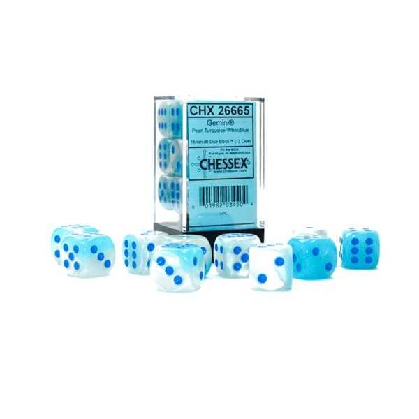 Gemini 16mm d6 Pearl Turquoise-White/blue Luminary Dice Block (12 dice) 601982034504