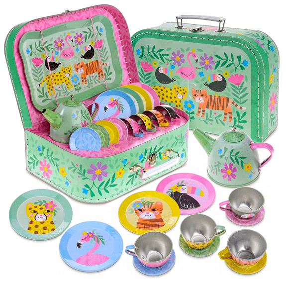 Jewelkeeper 15 Piece Kids Pretend Toy Tin Tea Set & Carrying Case - Safari