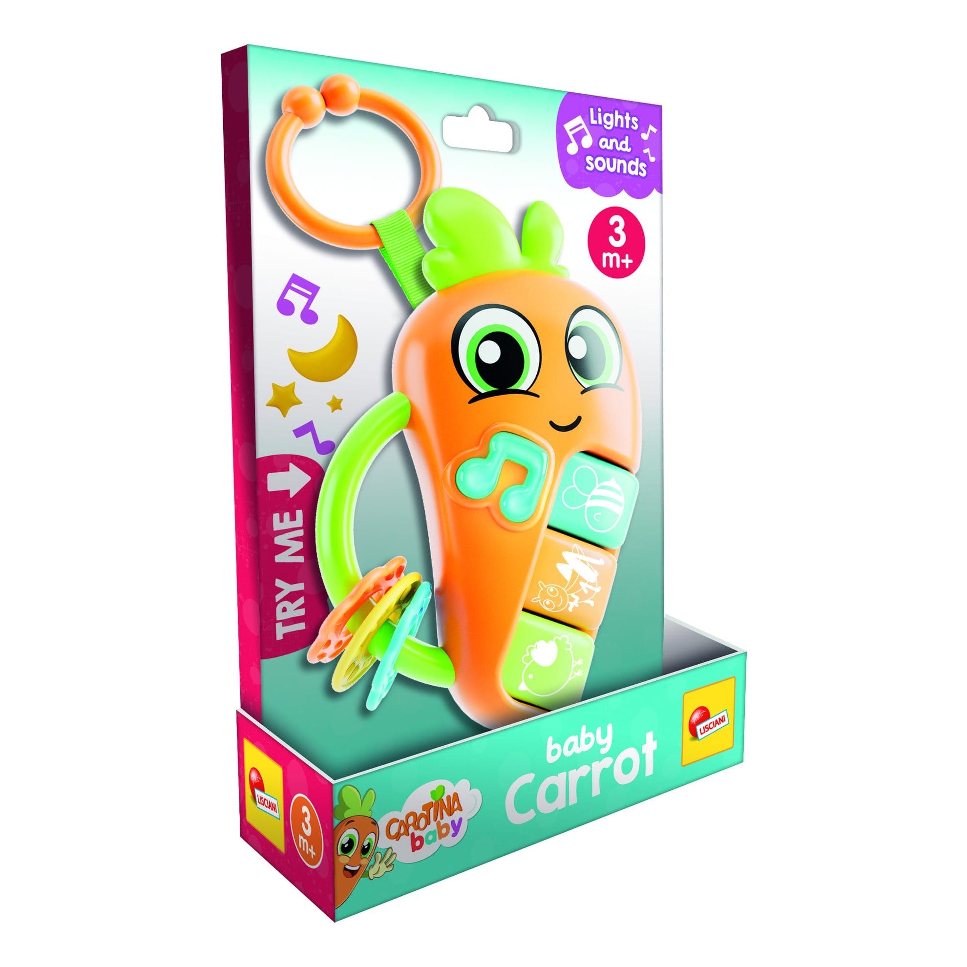 Lisciani Baby Carrot Rattle - Sensory Development Toy With Melodies, Animal Sounds, Teething Ring, Calming Lullabies