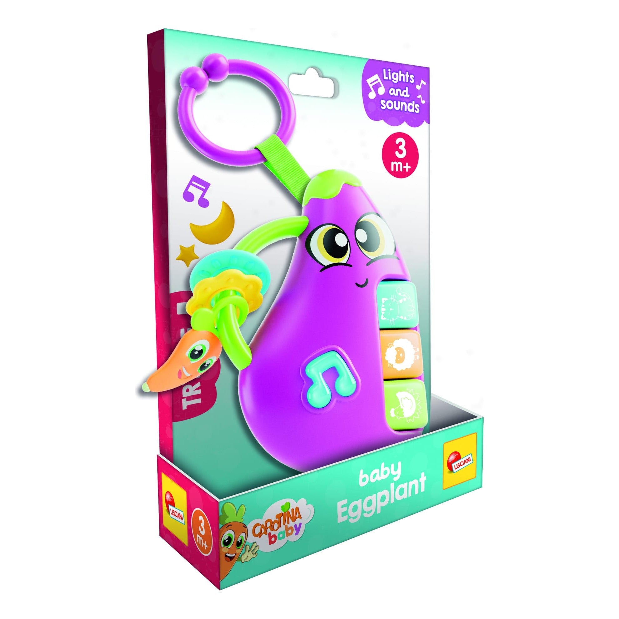 Lisciani Baby Eggplant - Calming Rattle With Melodies Animal Sounds And Safe Teething Rings