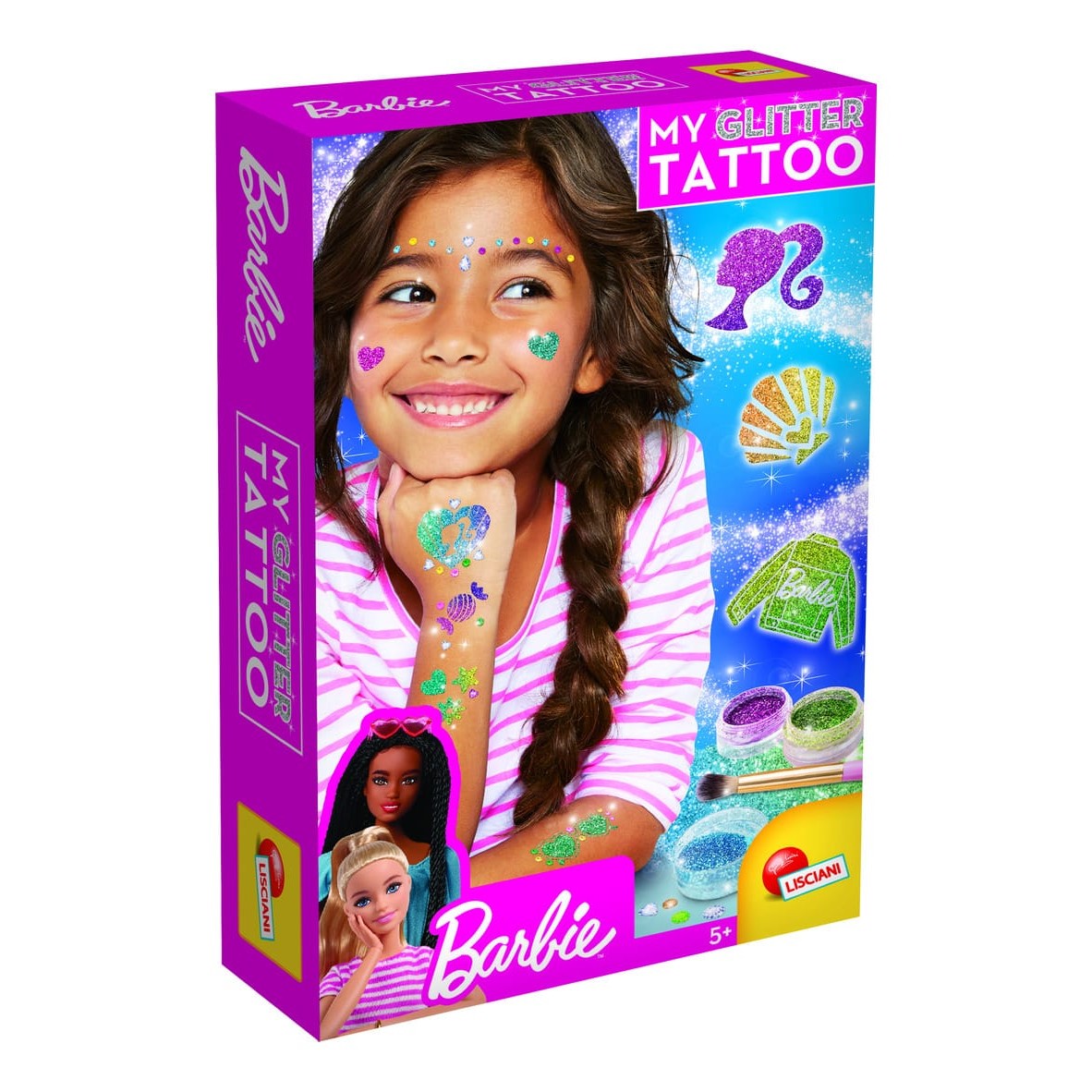 Lisciani Barbie My Glitter Tattoo - Safe And Tested Glitter Tattoos With Barbie Icon Designs And Adhesive Gems
