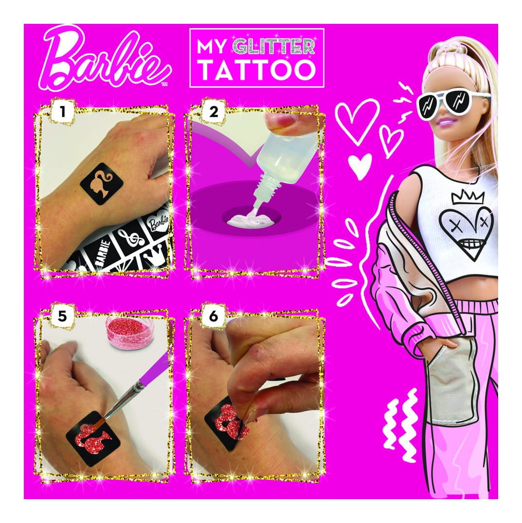 Lisciani Barbie My Glitter Tattoo - Safe And Tested Glitter Tattoos With Barbie Icon Designs And Adhesive Gems