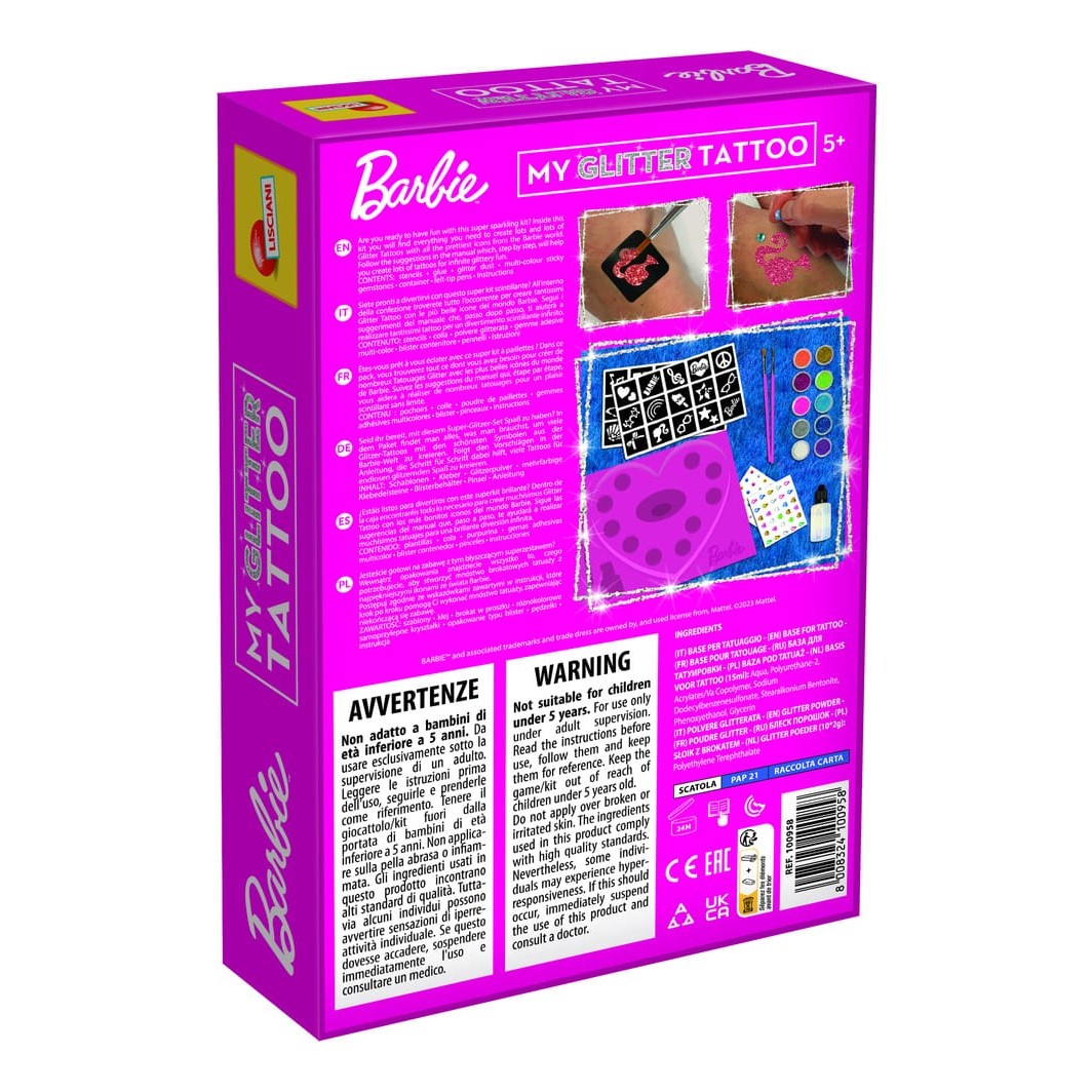 Lisciani Barbie My Glitter Tattoo - Safe And Tested Glitter Tattoos With Barbie Icon Designs And Adhesive Gems